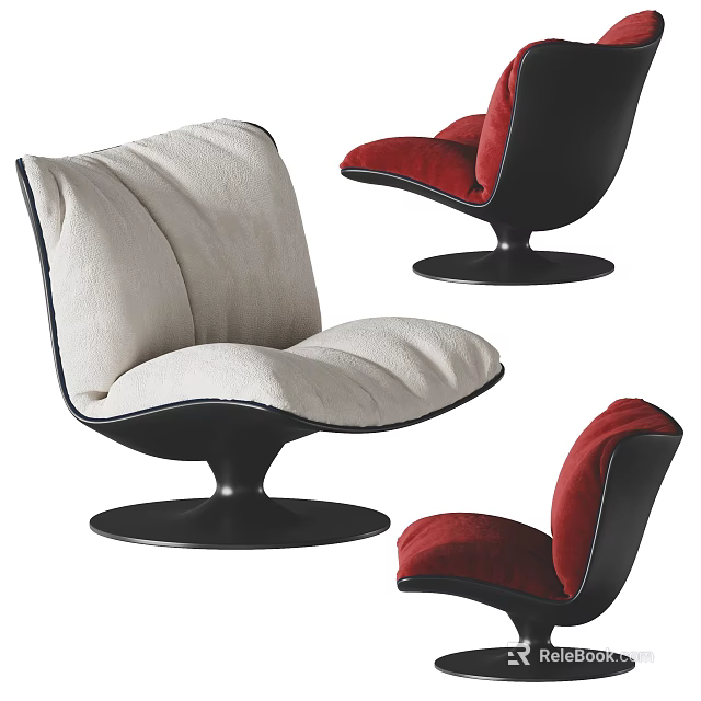 Stylish Modern Accent Chair With Beige And Red Velvet Upholstery And Black Round Metal Base 3d model 