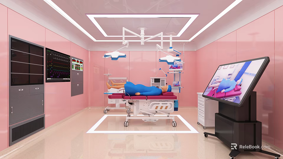 Pink Walled Operating Room Featuring Surgical Bed Medical Monitors And Lights 3d model 