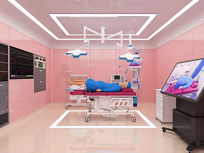 Pink Walled Operating Room Featuring Surgical Bed Medical Monitors And Lights 3d model