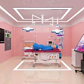 Pink Walled Operating Room Featuring Surgical Bed Medical Monitors And Lights