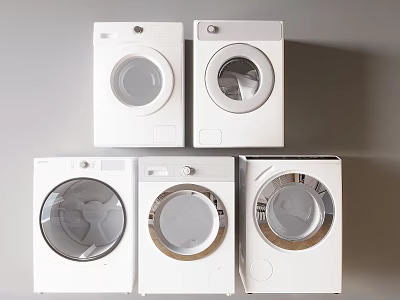 Six White Front Loading Washing Machines Arranged in Two Rows Three Each with Round Transparent Doors 3d model