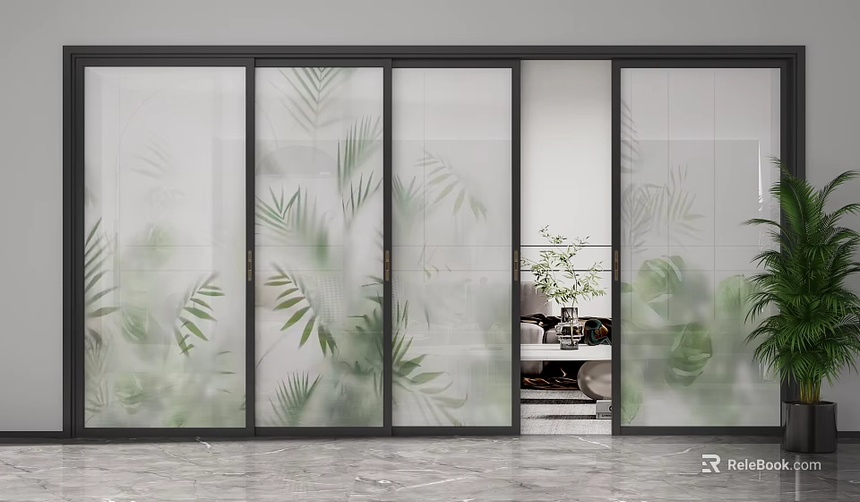Modern Interior Sliding Doors With Frosted Glass And Green Leaf Patterns 3d model 