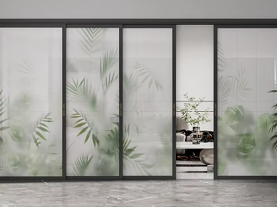 Modern Interior Sliding Doors With Frosted Glass And Green Leaf Patterns 3d model
