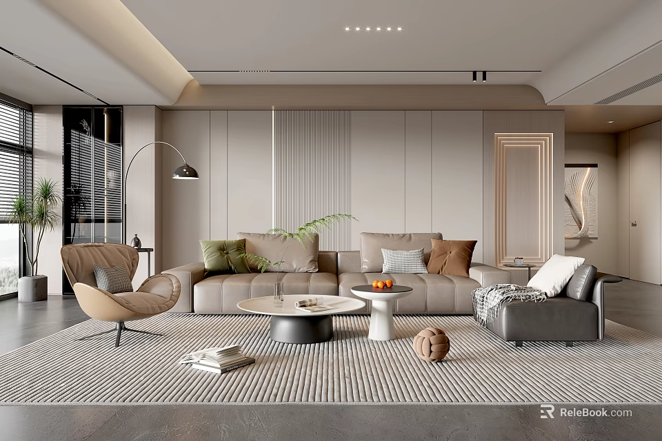 Modern Living Room Interior Design With Sofa Rug Floor Lamp And Green Plant 3d model 