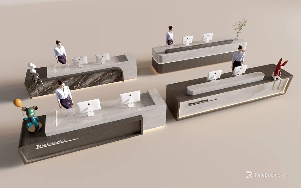 Modern Reception Desk Design With Staff Computers Marble Countertops And Decorative Plants 3d model 