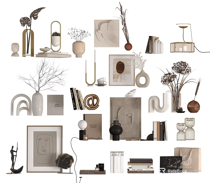 Modern Decorative Ornament Collection With Vases Books Photo Frames Geometric Sculptures And Dried Flowers 3d model 