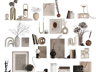 Modern Decorative Ornament Collection With Vases Books Photo Frames Geometric Sculptures And Dried Flowers 3d model