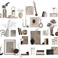 Modern Decorative Ornament Collection With Vases Books Photo Frames Geometric Sculptures And Dried Flowers