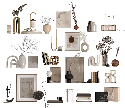 Modern Decorative Ornament Collection With Vases Books Photo Frames Geometric Sculptures And Dried Flowers 3d model
