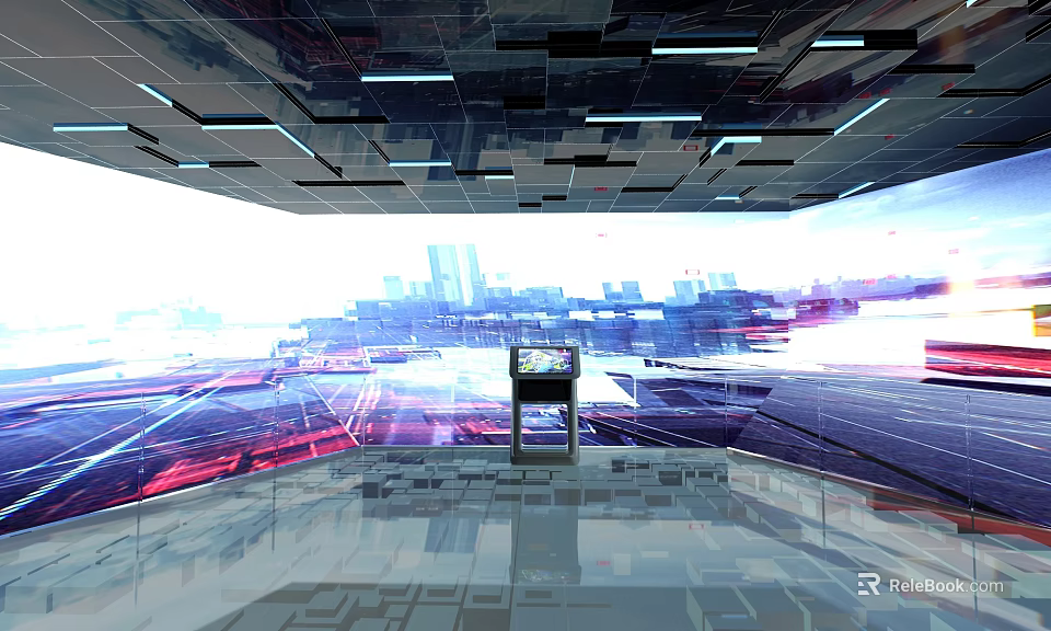 Futuristic Tech Exhibition Hall With Interactive Digital Displays And Cityscape Projections 3d model 