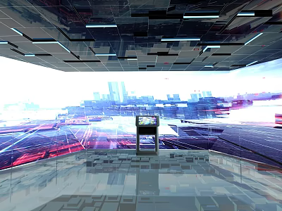 Futuristic Tech Exhibition Hall With Interactive Digital Displays And Cityscape Projections 3d model