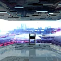 Futuristic Tech Exhibition Hall With Interactive Digital Displays And Cityscape Projections