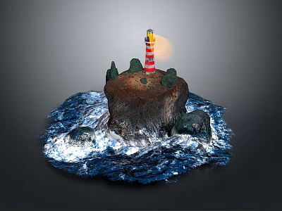 Red White Striped Lighthouse On Small Rocky Island With Blue Ocean Waves And Trees 3d model