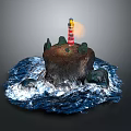 Red White Striped Lighthouse On Small Rocky Island With Blue Ocean Waves And Trees