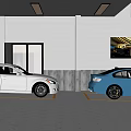 Modern Garage Interior With Two Cars Ceiling Lighting And Wall Art