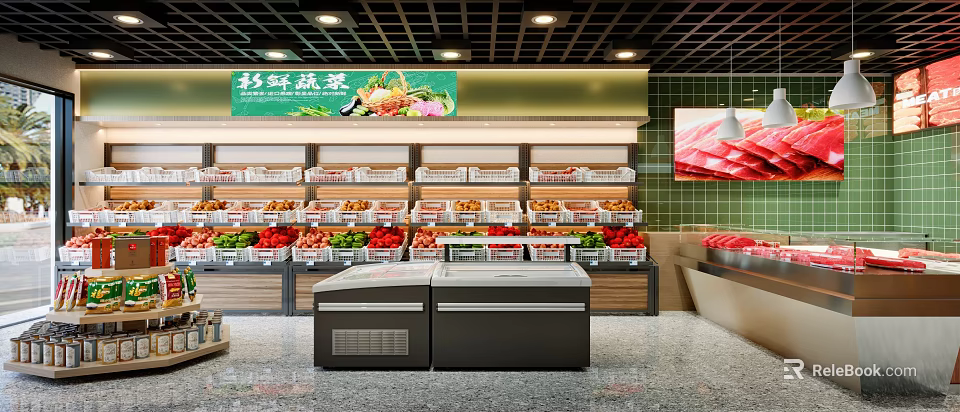 Shopping Mall Vegetable Store With Fresh Fruits Vegetables And Refrigerated Display Cases 3d model 