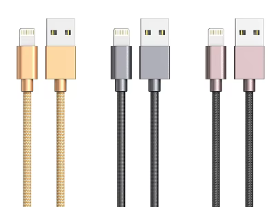 Durable Braided Lightning USB Data Cables in Gold Gray Pink for Mobile Devices 3d model
