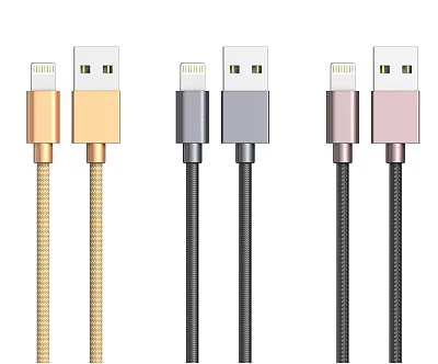 Durable Braided Lightning USB Data Cables in Gold Gray Pink for Mobile Devices 3d model