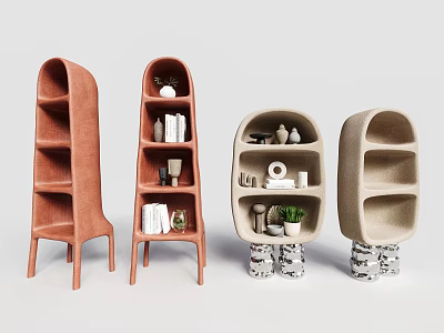 Modern Sculptural Bookcases in Orange and Beige with Decorative Items and Books 3d model