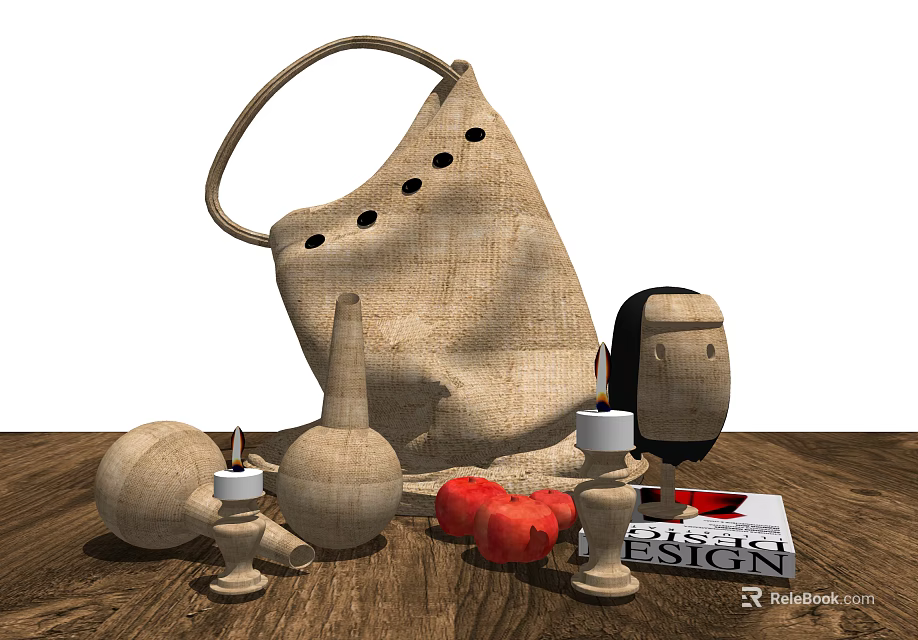 Wooden Decorative Ornament Set With Burlap Bag Apples Candle And Book On Tabletop 3d model 