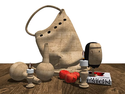 Wooden Decorative Ornament Set With Burlap Bag Apples Candle And Book On Tabletop 3d model