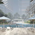 Modern High rise Office Building With Glass Curtain Wall Greenery Pedestrians And Signage