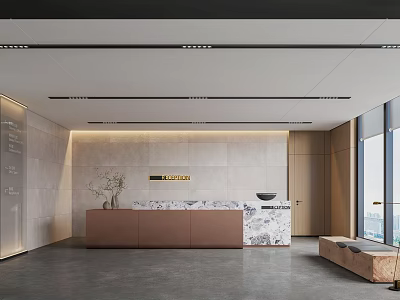 Modern Office Reception Desk Interior With Marble Countertop And Wooden Wall Panels 3d model