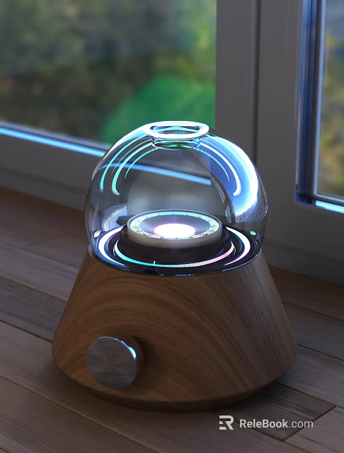 Illuminated Decorative Lamp With Transparent Glass Dome And Wooden Base On Window Sill 3d model 