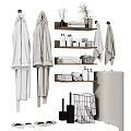 Washroom Daily Essentials With Bathrobes Towels Toiletries Shelves Trash Bin And Laundry Basket