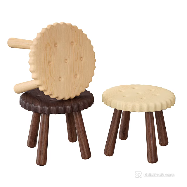 Wooden Stools With Round Seat Wavy Edge Light And Dark Brown Decorative Dots 3d model