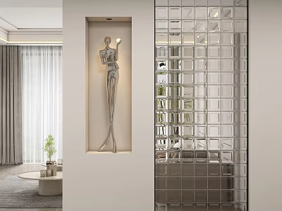 Modern Entryway Hallway Interior Design With Silver Sculpture And Grid Partition Lighting 3d model