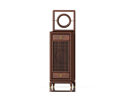 Traditional Chinese Style Wooden Dresser with Lattice Design Drawers and Circular Mirror Frame 3d model