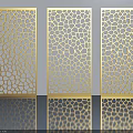 Swing Doors Featuring Golden Frames Various Hollow Patterns on Light Colored Wall with Reflective Floor 3d model