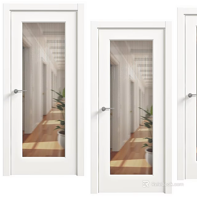 White Casement Door with Glass in Indoor Corridor Interior and Green Plants 3d model 