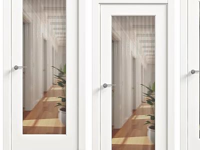 White Casement Door with Glass in Indoor Corridor Interior and Green Plants 3d model