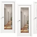 White Casement Door with Glass in Indoor Corridor Interior and Green Plants