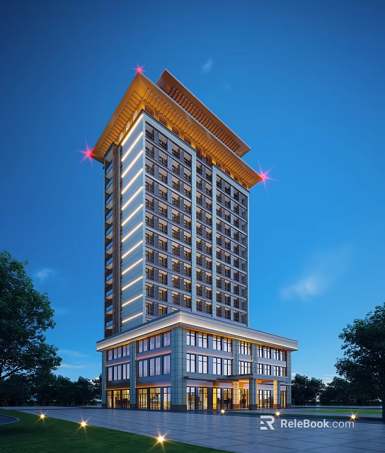 Tall Modern Residential Building With Bright Lighting And Green Trees Under Blue Sky 3d model 