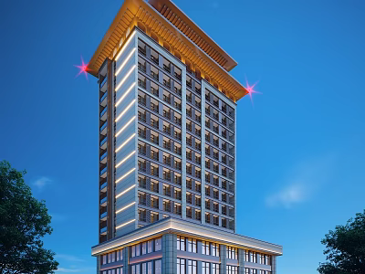 Tall Modern Residential Building With Bright Lighting And Green Trees Under Blue Sky 3d model