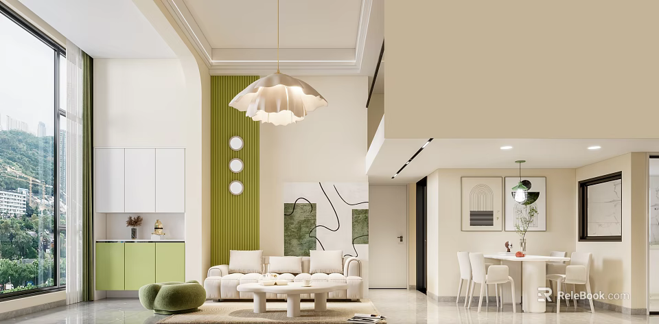 Modern Apartment Living Room With Green Wall White Sofa Pendant Light And Open Space 3d model 