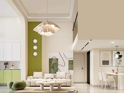 Modern Apartment Living Room With Green Wall White Sofa Pendant Light And Open Space 3d model