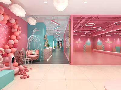 Vibrant Pink And Blue Interior Space With Cloud Chandeliers Balloons And Hanging Chair 3d model