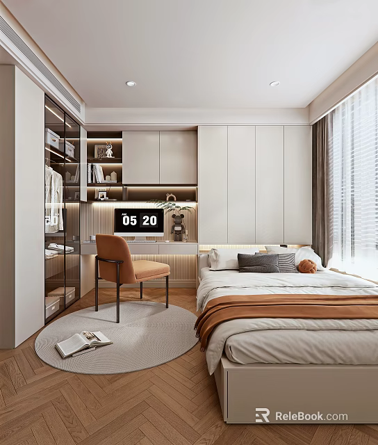 Tatami Bedroom Interior With Tatami Bed Storage Cabinets Desk Chair And Window Blinds 3d model 