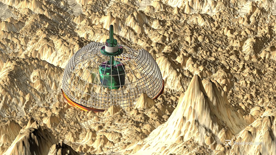 Suspended Art Installation With Metal Mesh Structure And Green Cube In Mountainous Terrain 3d model 