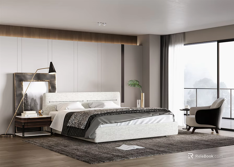 Modern Bedroom Interior With Large Bed Floor Lamp Area Rug And Window View 3d model 