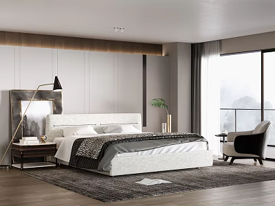 Modern Bedroom Interior With Large Bed Floor Lamp Area Rug And Window View 3d model