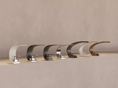 Multiple Modern Faucets In Various Colors And Designs On Light Countertop With Gray Wall 3d model