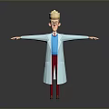 3D Character With Blonde Hair Glasses White Lab Coat Blue Shirt Red Pants Arms Outstretched