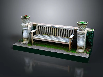 Wooden Garden Bench With Stone Flower Pots Green Plants And Mossy Ground 3d model