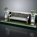 Wooden Garden Bench With Stone Flower Pots Green Plants And Mossy Ground