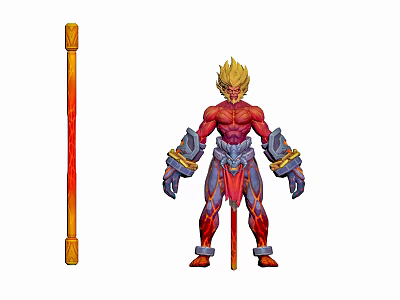 Fiery Haired Mythical Character With Creature Themed Armor And Staff Weapon 3d model